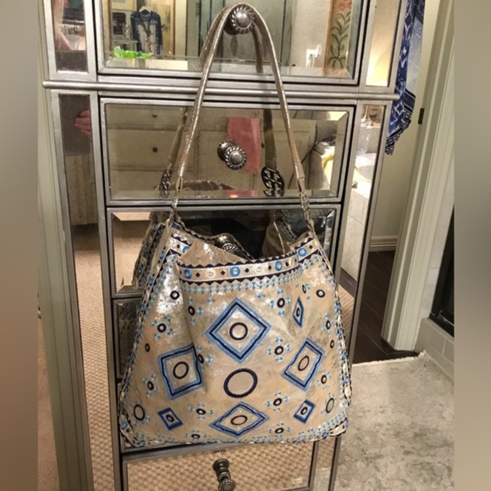 Tory Burch rare find & price FIRM Metallic gold/silvery & blue embroidered bag